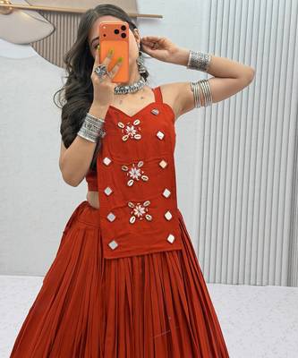 Orange Navaratri Wear Cotton Lehenga Choli with Mirror And Codi Work 4