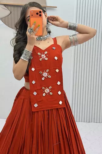 Orange Navaratri Wear Cotton Lehenga Choli with Mirror And Codi Work