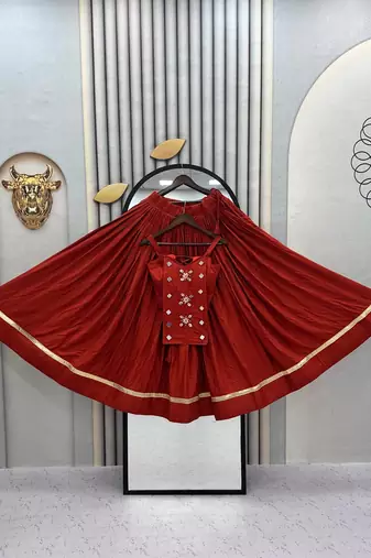 Orange Navaratri Wear Cotton Lehenga Choli with Mirror And Codi Work