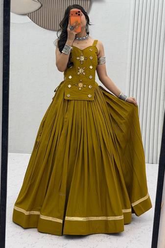 Green Navaratri Wear Cotton Lehenga Choli with Mirror And Codi Work
