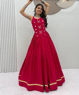 Pink Navaratri Wear Cotton Lehenga Choli with Mirror And Codi Work 1