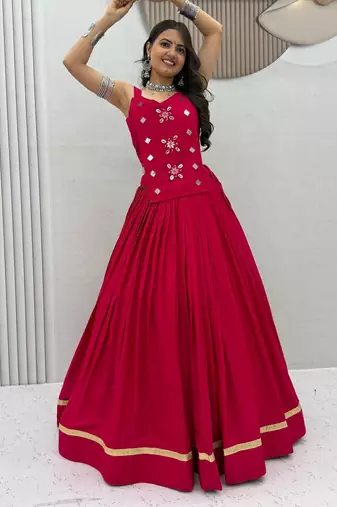 Pink Navaratri Wear Cotton Lehenga Choli with Mirror And Codi Work