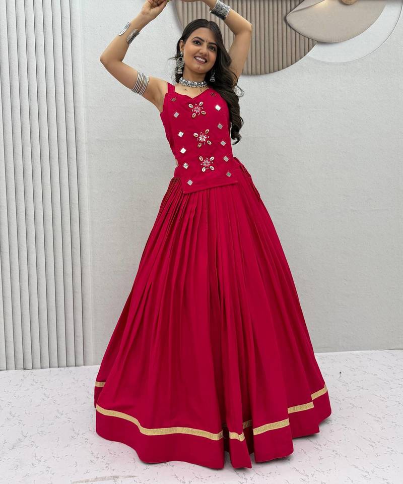 Pink Navaratri Wear Cotton Lehenga Choli with Mirror And Codi Work