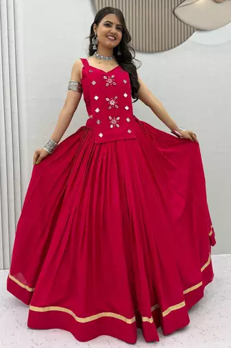 Pink Navaratri Wear Cotton Lehenga Choli with Mirror And Codi Work
