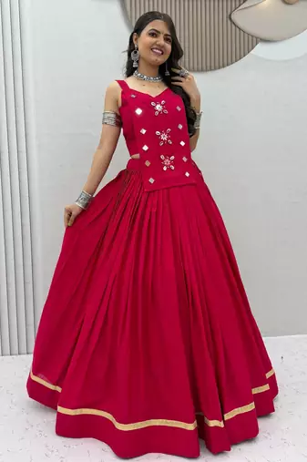 Pink Navaratri Wear Cotton Lehenga Choli with Mirror And Codi Work