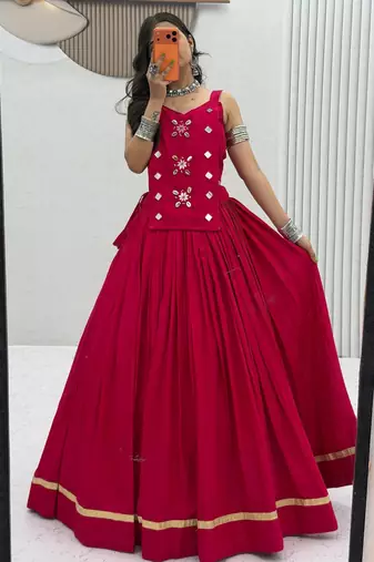 Pink Navaratri Wear Cotton Lehenga Choli with Mirror And Codi Work