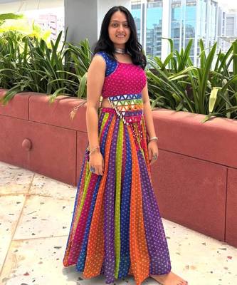 Multicolour Rainbow Bandhani Georgette Cotton Navratri Chaniya Choli with Mirror Kandora Belt 3