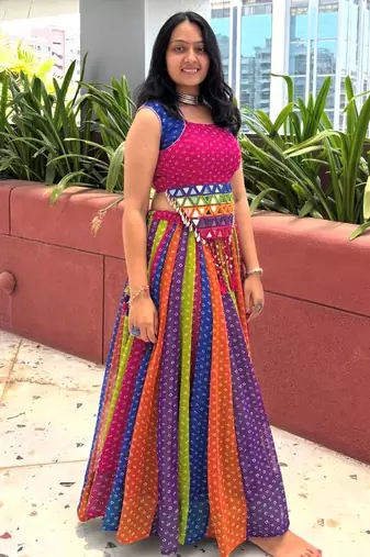 Multicolour Rainbow Bandhani Georgette Cotton Navratri Chaniya Choli with Mirror Kandora Belt