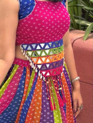 Multicolour Rainbow Bandhani Georgette Cotton Navratri Chaniya Choli with Mirror Kandora Belt 4