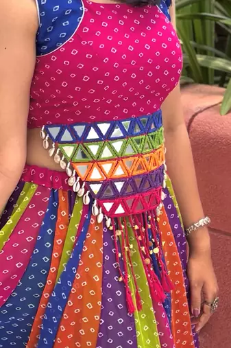 Multicolour Rainbow Bandhani Georgette Cotton Navratri Chaniya Choli with Mirror Kandora Belt