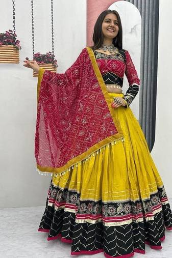 Yellow & Black Rayon Cotton Navratri Chaniya Choli - Mirror & Thread Work with Bandhani Dupatta