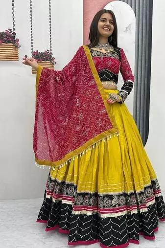 Yellow & Black Rayon Cotton Navratri Chaniya Choli - Mirror & Thread Work with Bandhani Dupatta