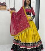 Yellow & Black Rayon Cotton Navratri Chaniya Choli - Mirror & Thread Work with Bandhani Dupatta