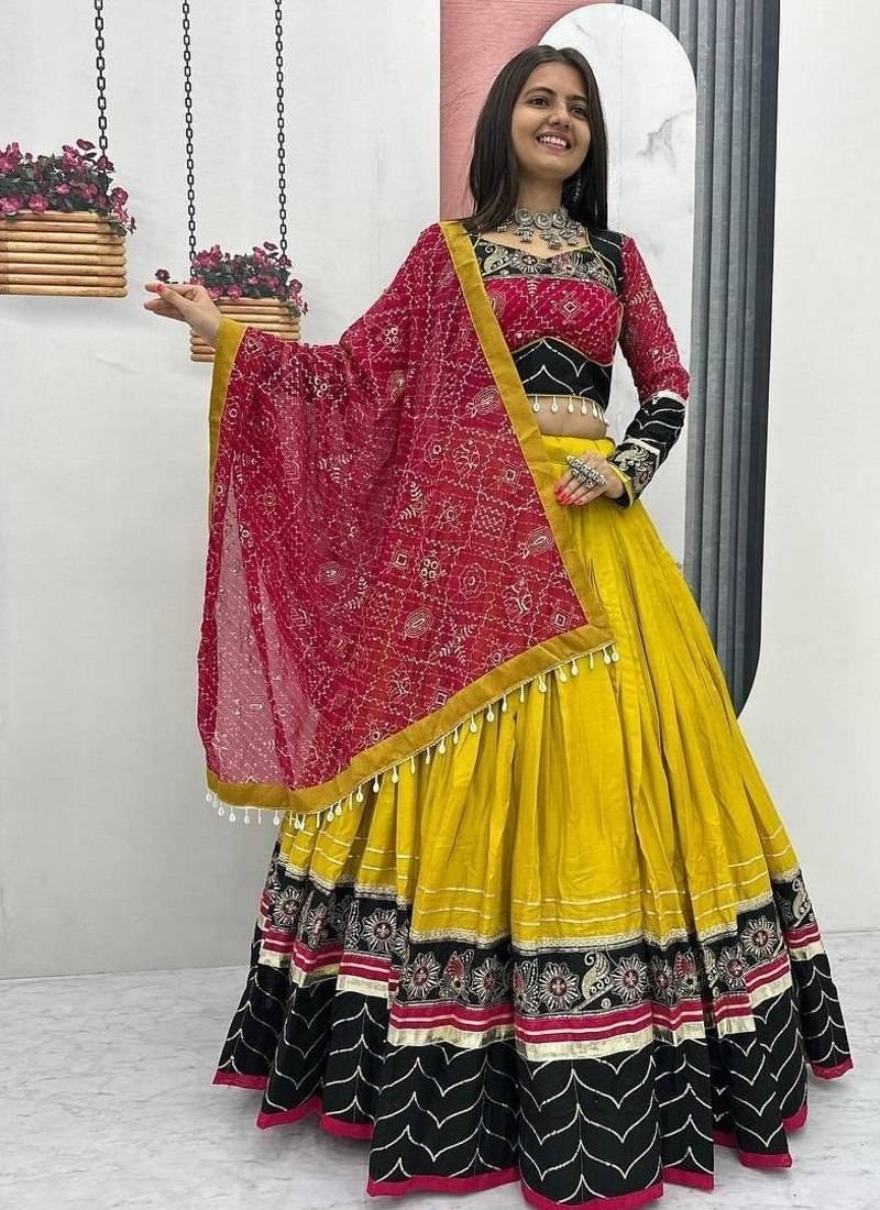 Yellow & Black Rayon Cotton Navratri Chaniya Choli - Mirror & Thread Work with Bandhani Dupatta
