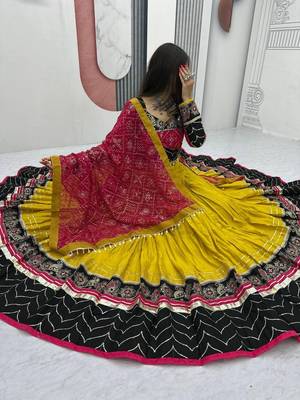 Yellow & Black Rayon Cotton Navratri Chaniya Choli - Mirror & Thread Work with Bandhani Dupatta 2