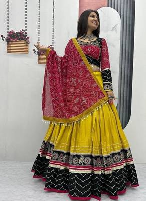 Yellow & Black Rayon Cotton Navratri Chaniya Choli - Mirror & Thread Work with Bandhani Dupatta 3