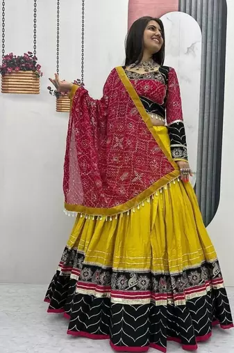 Yellow & Black Rayon Cotton Navratri Chaniya Choli - Mirror & Thread Work with Bandhani Dupatta
