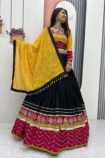 Black & Maroon Rayon Cotton Navratri Chaniya Choli - Mirror & Thread Work with Bandhani Dupatta