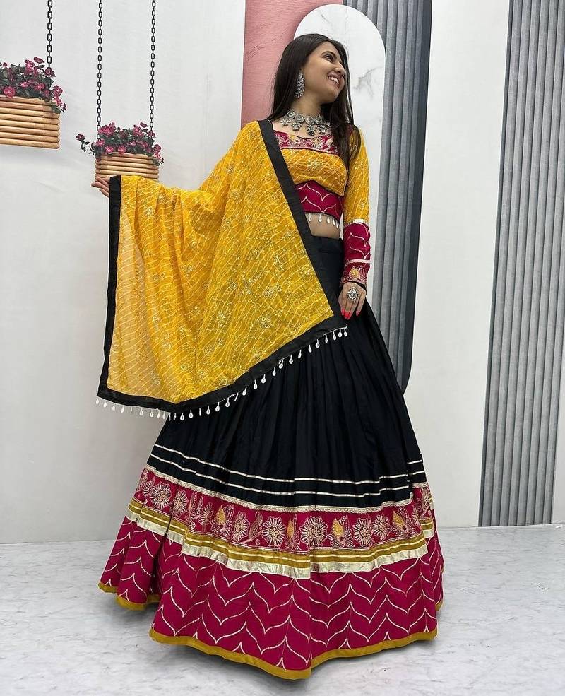 Black & Maroon Rayon Cotton Navratri Chaniya Choli - Mirror & Thread Work with Bandhani Dupatta