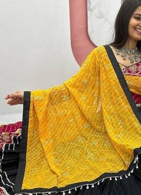 Black & Maroon Rayon Cotton Navratri Chaniya Choli - Mirror & Thread Work with Bandhani Dupatta 2