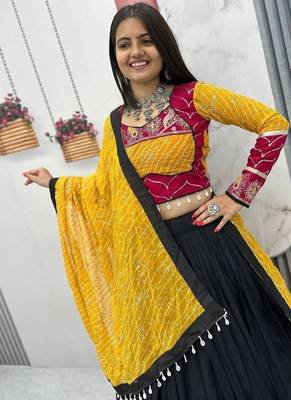 Black & Maroon Rayon Cotton Navratri Chaniya Choli - Mirror & Thread Work with Bandhani Dupatta 3