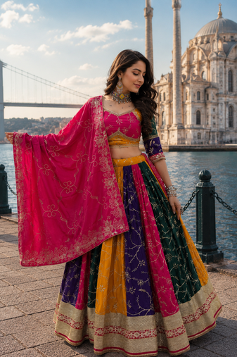 multicolor sequins embroidered silk navratri lehenga set