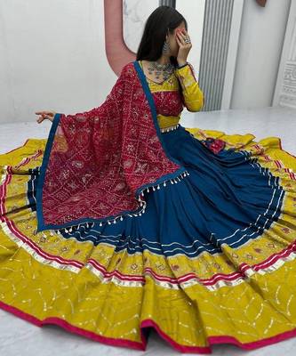 Blue &Yellow Rayon Cotton Navratri Chaniya Choli - Mirror & Thread Work with Bandhani Dupatta 2