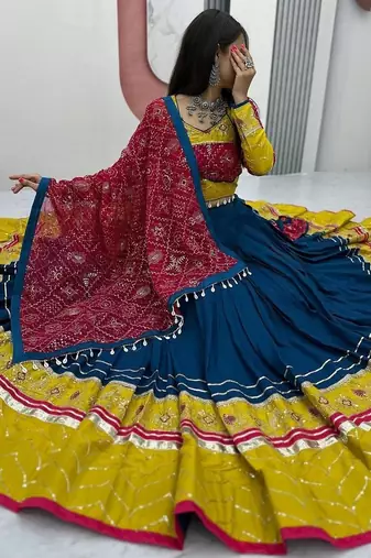 Blue &Yellow Rayon Cotton Navratri Chaniya Choli - Mirror & Thread Work with Bandhani Dupatta