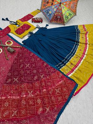 Blue &Yellow Rayon Cotton Navratri Chaniya Choli - Mirror & Thread Work with Bandhani Dupatta 4