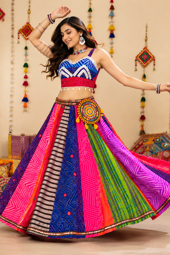 Multicolor Georgette Bandhani Navratri Chaniya Choli Set With Mobile Batwa