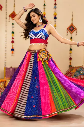 Multicolor Georgette Bandhani Navratri Chaniya Choli Set With Mobile Batwa