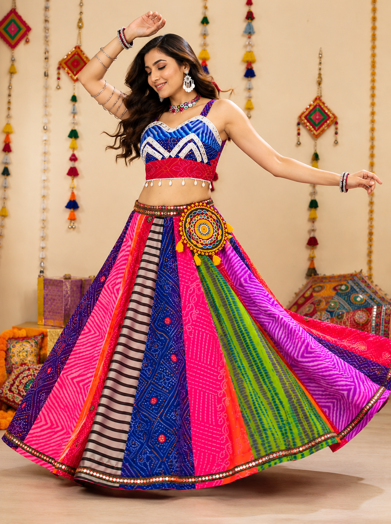 Multicolor Georgette Bandhani Navratri Chaniya Choli Set With Mobile Batwa
