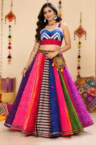 Multicolor Georgette Bandhani Navratri Chaniya Choli Set With Mobile Batwa