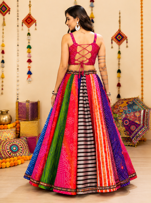 Multicolor Georgette Bandhani Navratri Chaniya Choli Set With Mobile Batwa 3