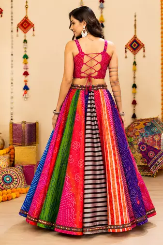 Multicolor Georgette Bandhani Navratri Chaniya Choli Set With Mobile Batwa
