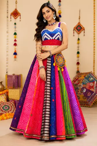 Multicolor Georgette Bandhani Navratri Chaniya Choli Set With Mobile Batwa