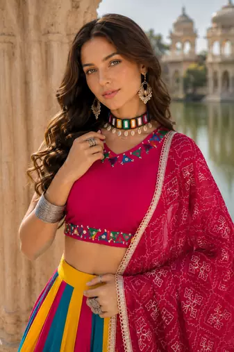 Multicolor Pure Cotton Navratri Lehenga Choli with Vintage Dupatta