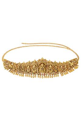 Gold plated faux ruby faux emerald studded divine goddess laxmi accent kamar patta kamarbandh belly chain 1