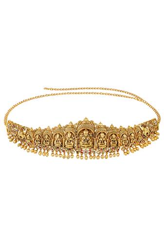 Gold plated faux ruby faux emerald studded divine goddess laxmi accent kamar patta kamarbandh belly chain