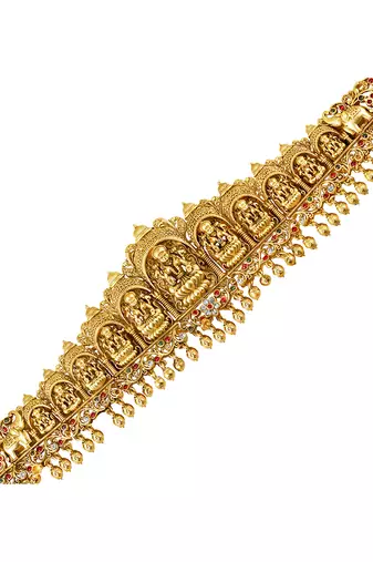 Gold plated faux ruby faux emerald studded divine goddess laxmi accent kamar patta kamarbandh belly chain