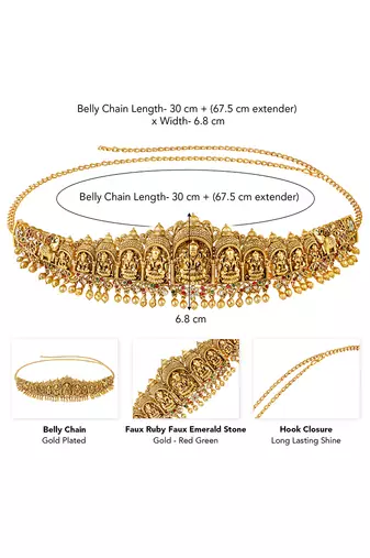 Gold plated faux ruby faux emerald studded divine goddess laxmi accent kamar patta kamarbandh belly chain