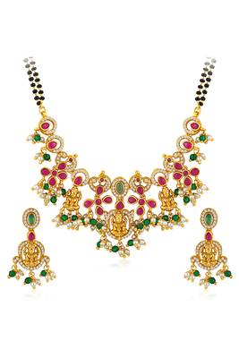Gold plated cubic zirconia synthetic stone & black beads studded mangalsutra & dangle earrings jewellery 1