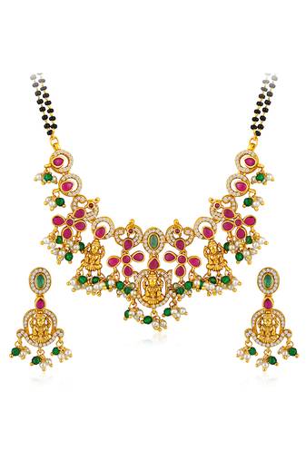 Gold plated cubic zirconia synthetic stone & black beads studded mangalsutra & dangle earrings jewellery