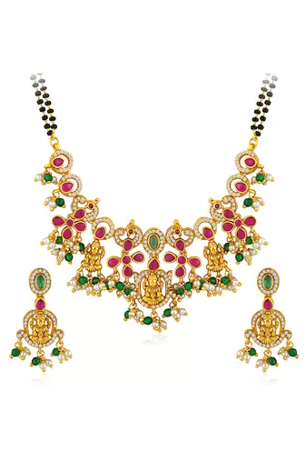 Gold plated cubic zirconia synthetic stone & black beads studded mangalsutra & dangle earrings jewellery