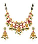 Gold plated cubic zirconia synthetic stone & black beads studded mangalsutra & dangle earrings jewellery