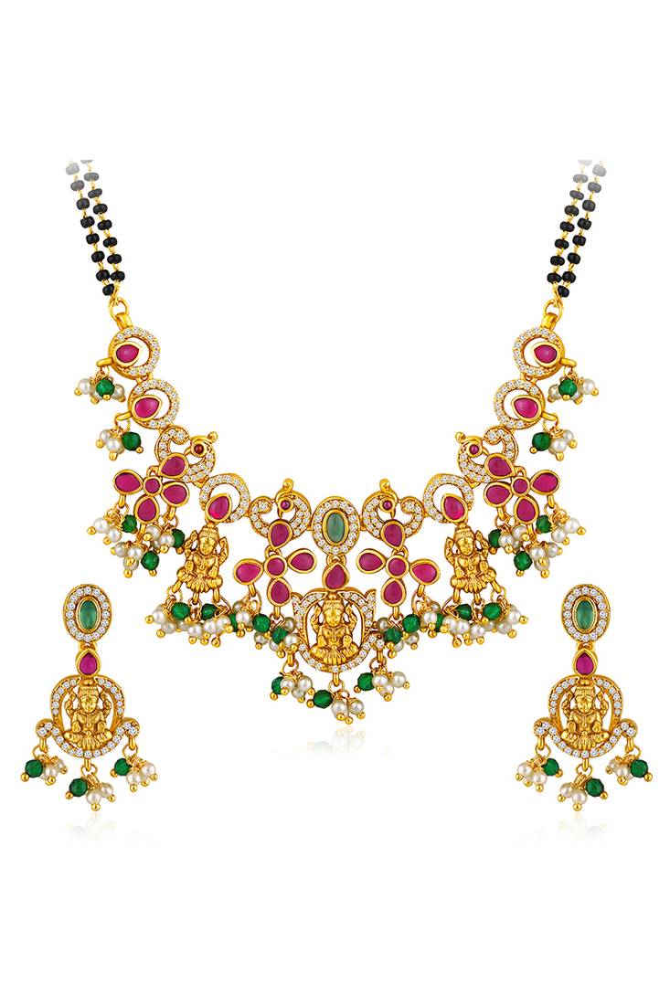 Gold plated cubic zirconia synthetic stone & black beads studded mangalsutra & dangle earrings jewellery