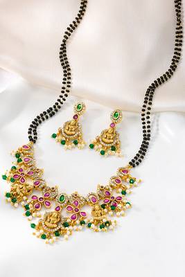 Gold plated cubic zirconia synthetic stone & black beads studded mangalsutra & dangle earrings jewellery 2