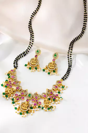 Gold plated cubic zirconia synthetic stone & black beads studded mangalsutra & dangle earrings jewellery