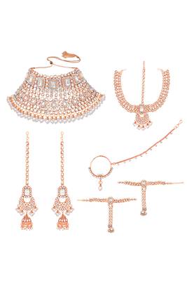 Rose gold plated kundan crystal & beads studded bridal necklace earrings maangtikka hath panja nathiya 1