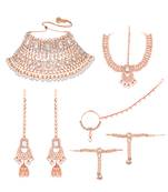 Rose gold plated kundan crystal & beads studded bridal necklace earrings maangtikka hath panja nathiya